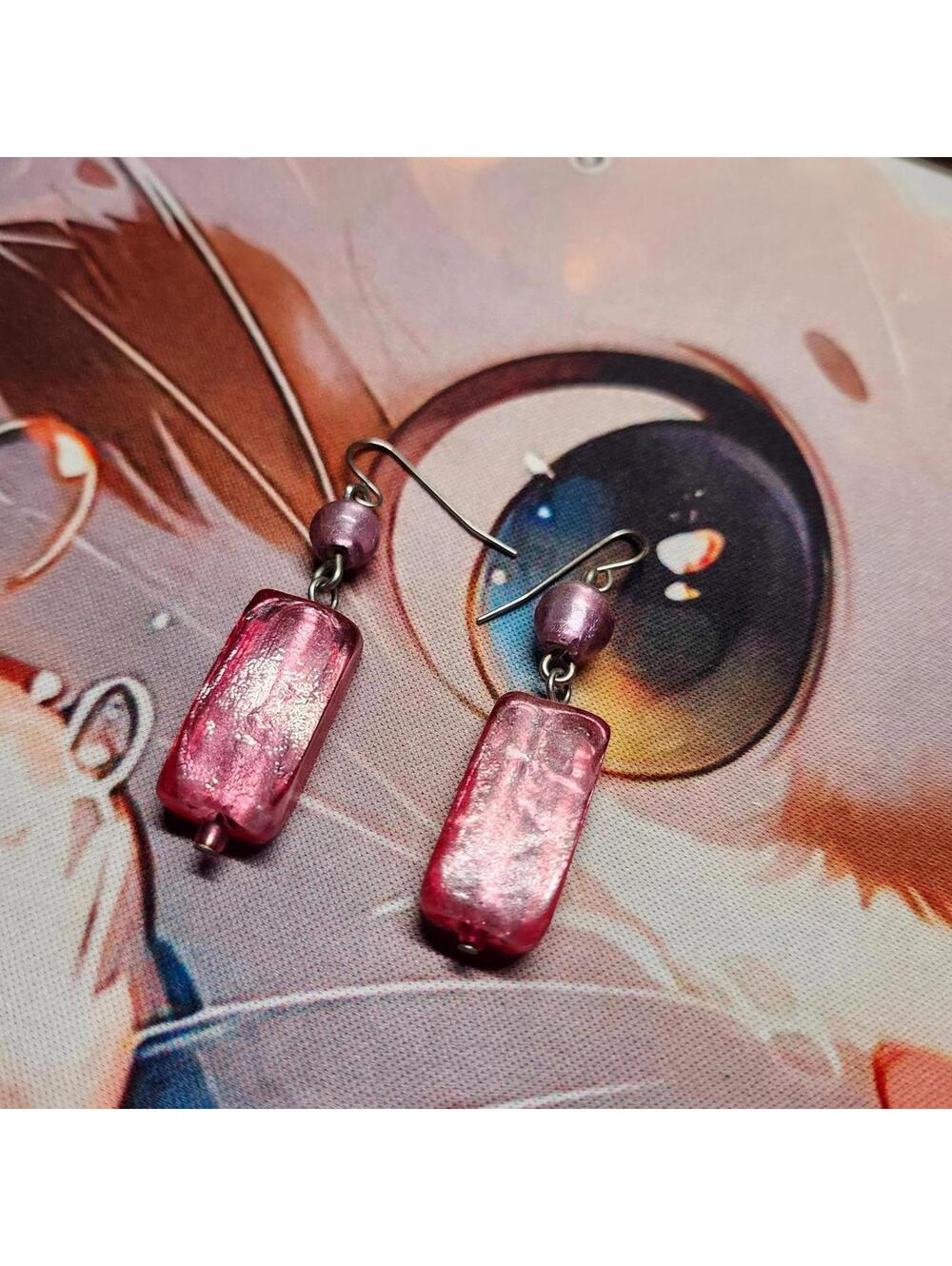 Pink Rectangular Glass Bead Dangle Earrings Fashion Jewelry